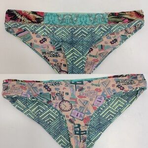 Maaji Turquoise Chevron Floral New York Print Reversible Bikini Bottom L